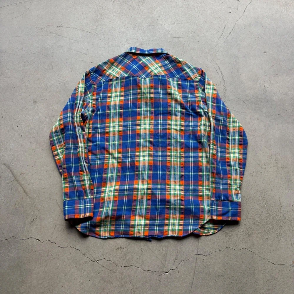 Polo Ralph Lauren Mens XL Plaid Western Pearl Snap Shirt Blue Orange Flannel